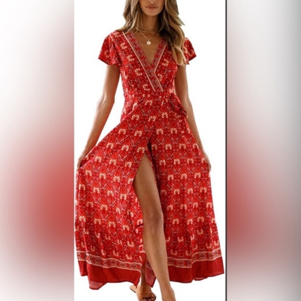 Boho Red Side Split V Neck Maxi Wrap Dress Ruffle Sleeves | M